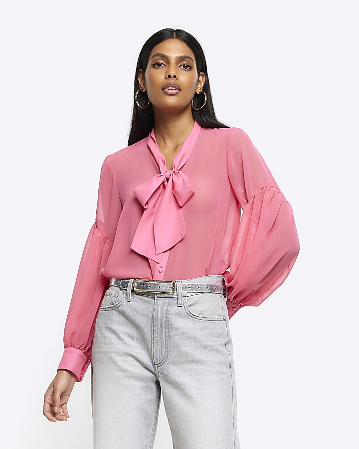 Pink front tie long sleeve shirt | River Island