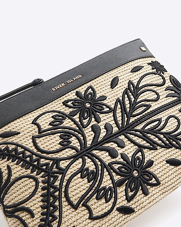 Black raffia embroidered pouchette bag