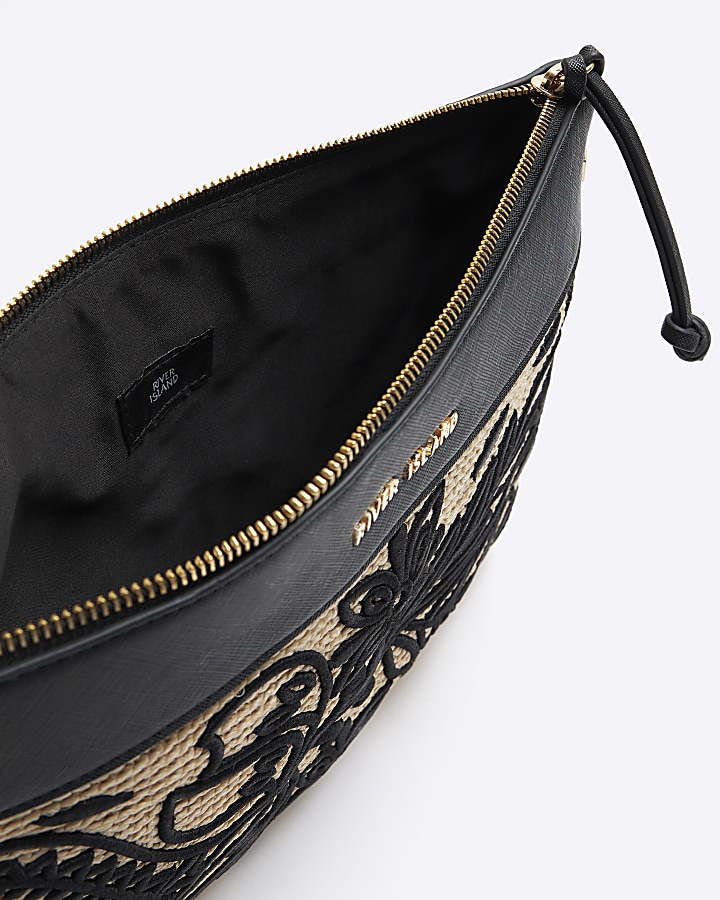 Black raffia embroidered pouchette bag | River Island