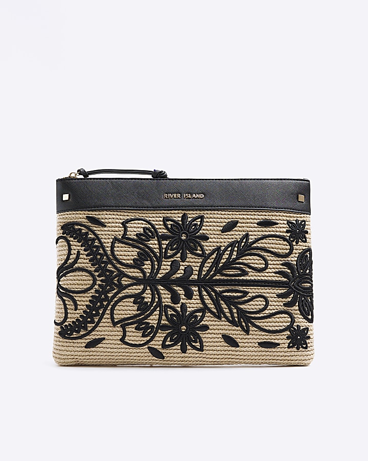 Black raffia embroidered pouchette bag