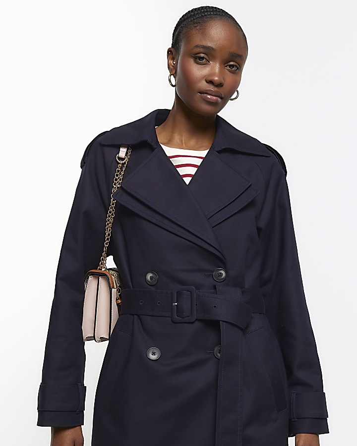 Navy double collar belted trench coat