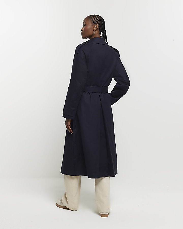 Navy double collar belted trench coat
