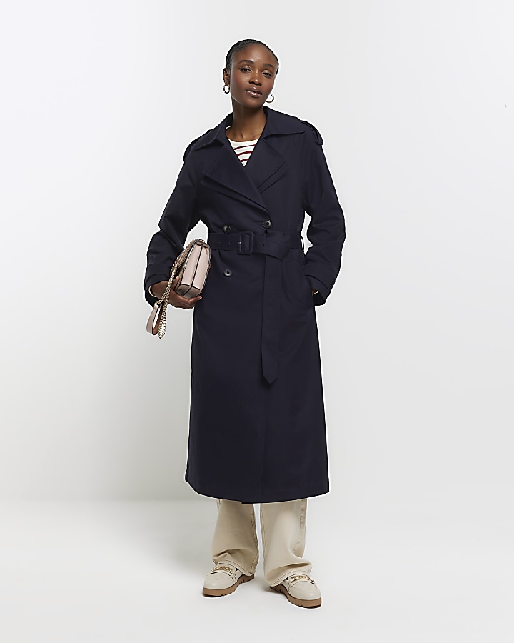 Long navy trench outlet coat womens