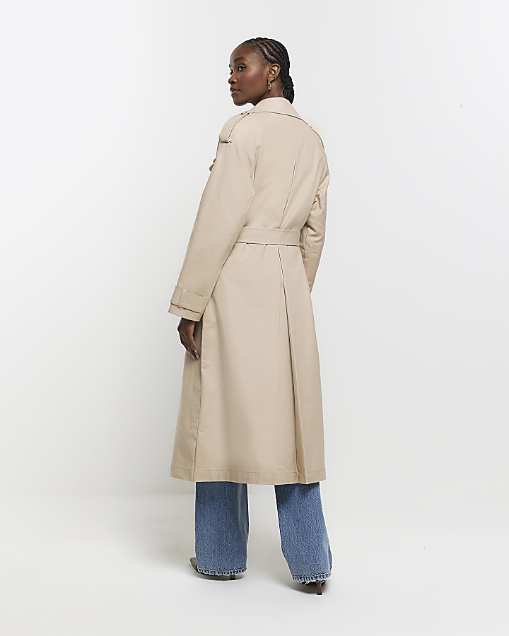 Beige Double Collar Belted Trench Coat