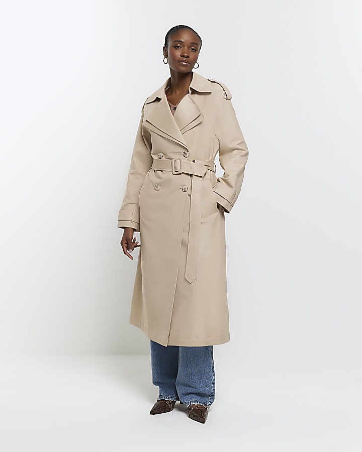 Beige Double Collar Belted Trench Coat | River Island