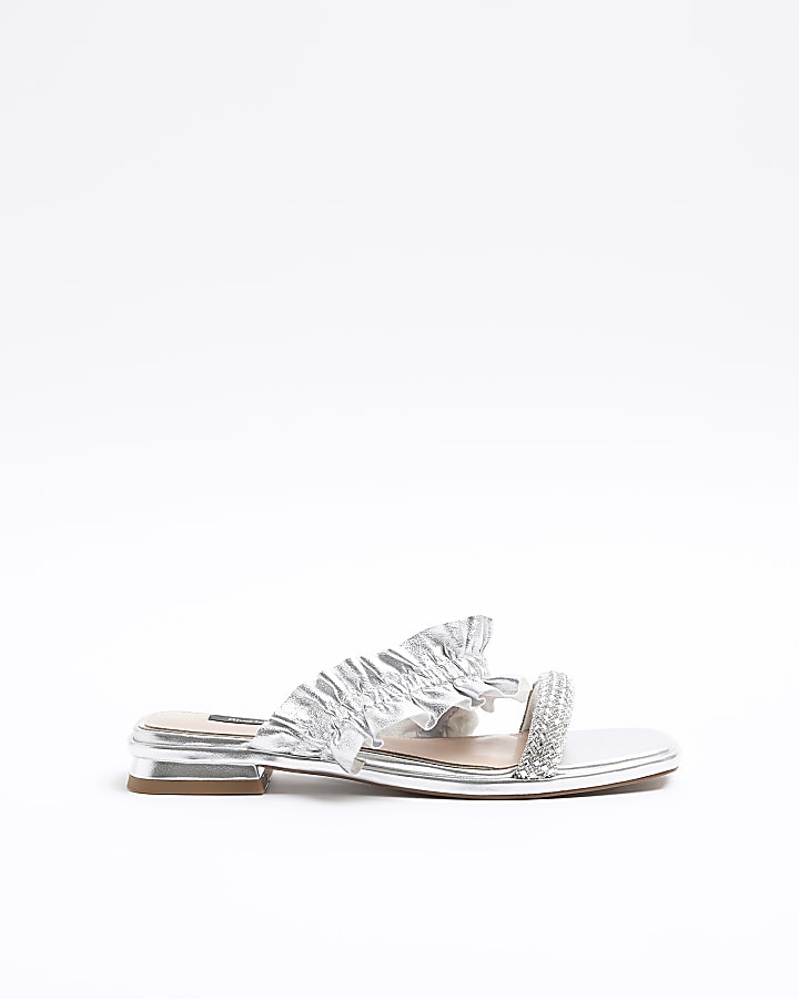 Silver leather ruffle strap sandals