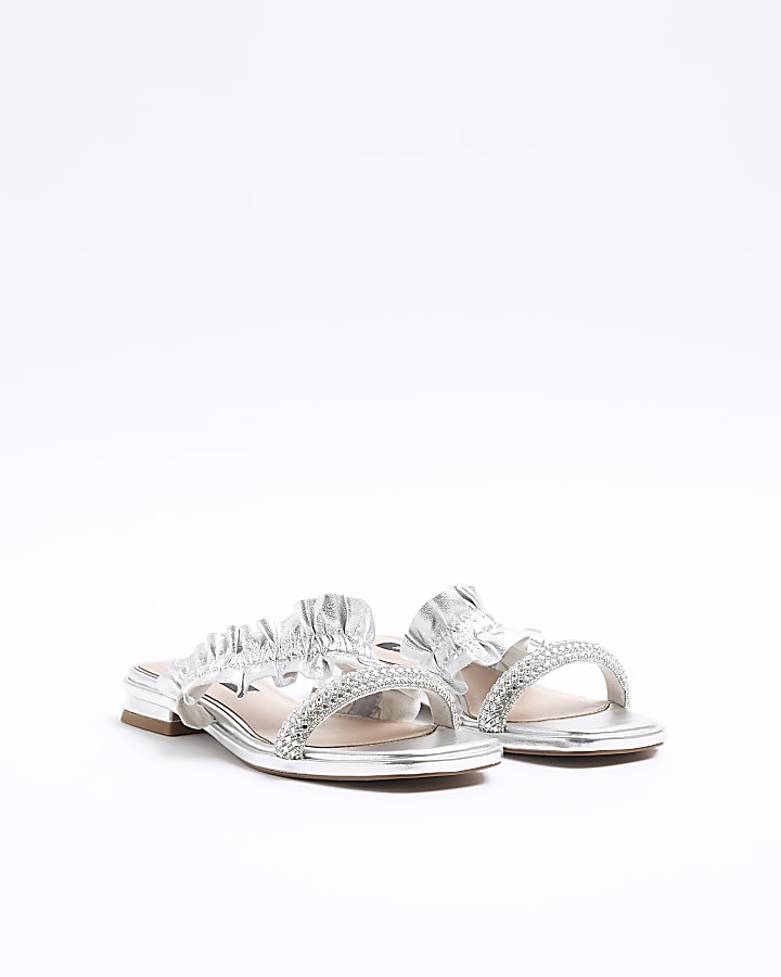 Silver leather ruffle strap sandals