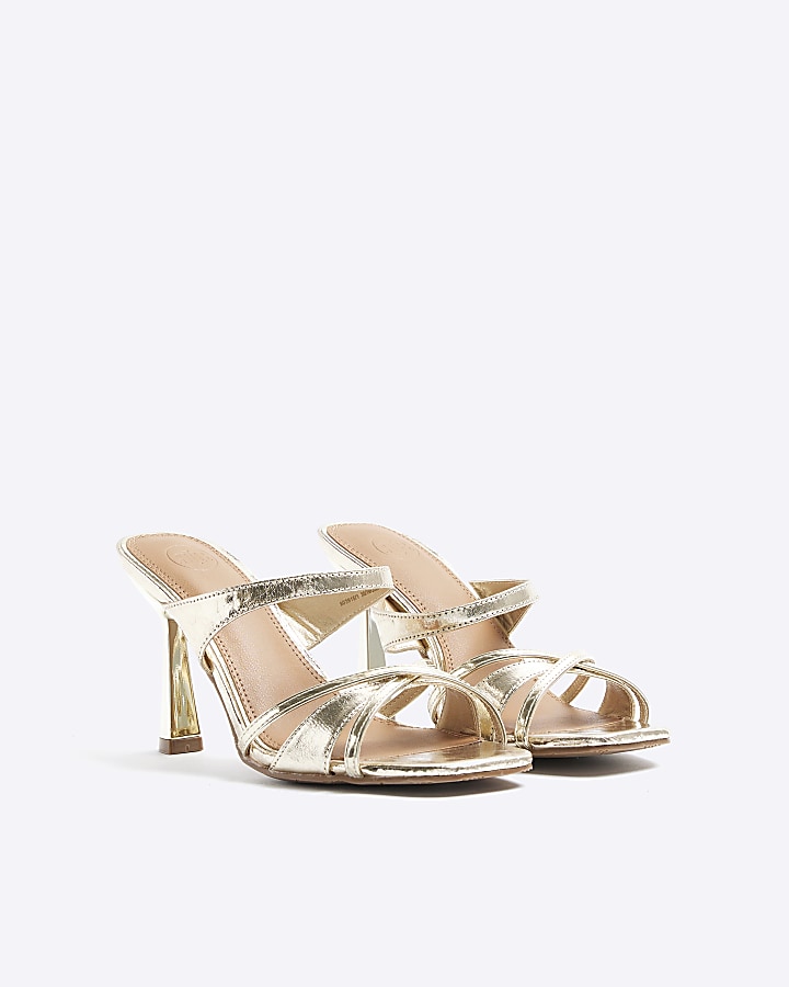 Gold cross strap heeled mule sandals