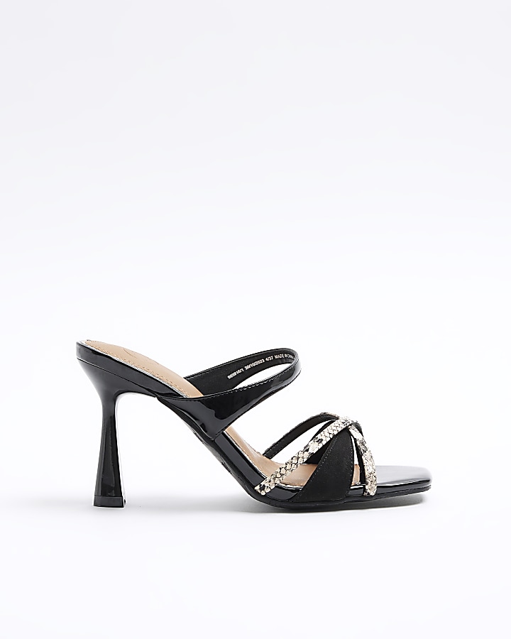 Black cross strap heeled mule sandals