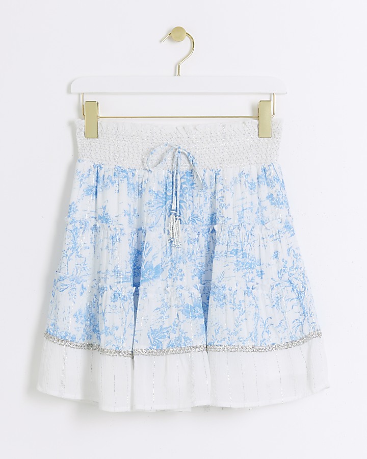 White floral shirred mini skirt