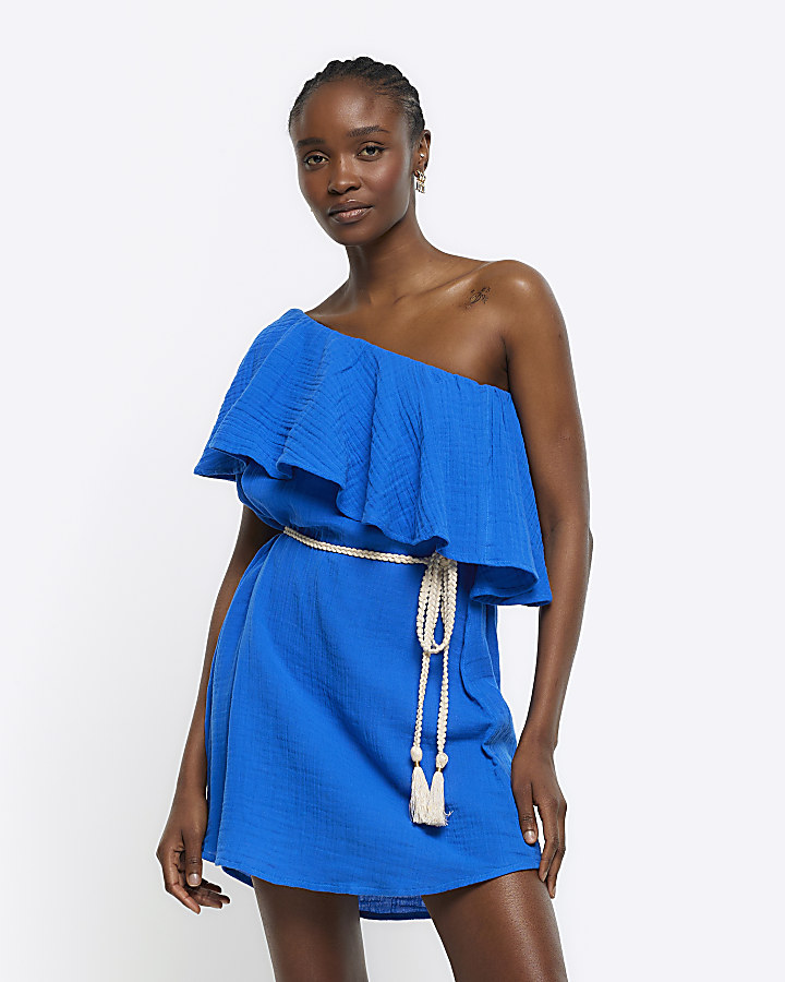 Blue off shoulder belted shift mini dress