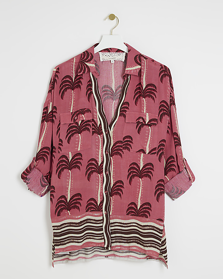 Pink palm tree oversized beach shirt