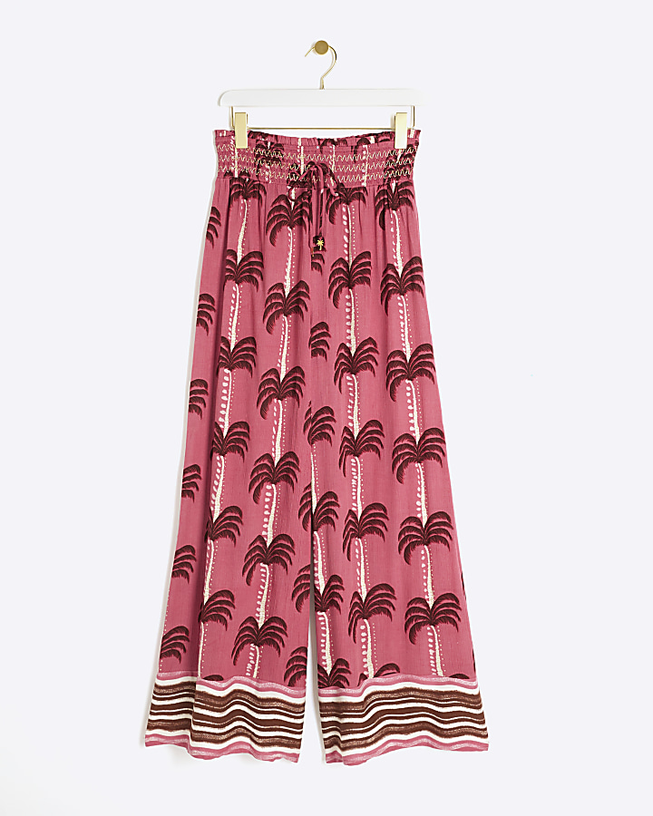 Pink palm tree wide leg beach trousers