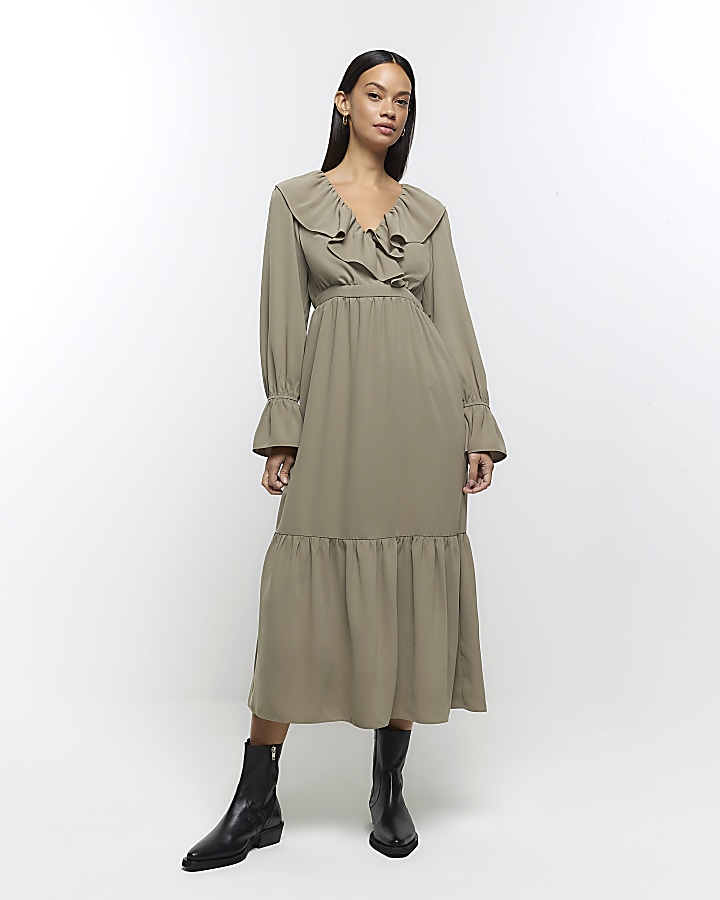 Khaki frill swing maxi dress