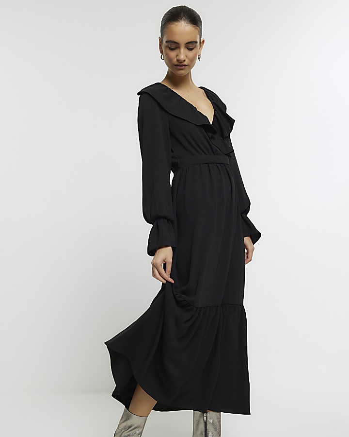 Black frill swing maxi dress | River Island