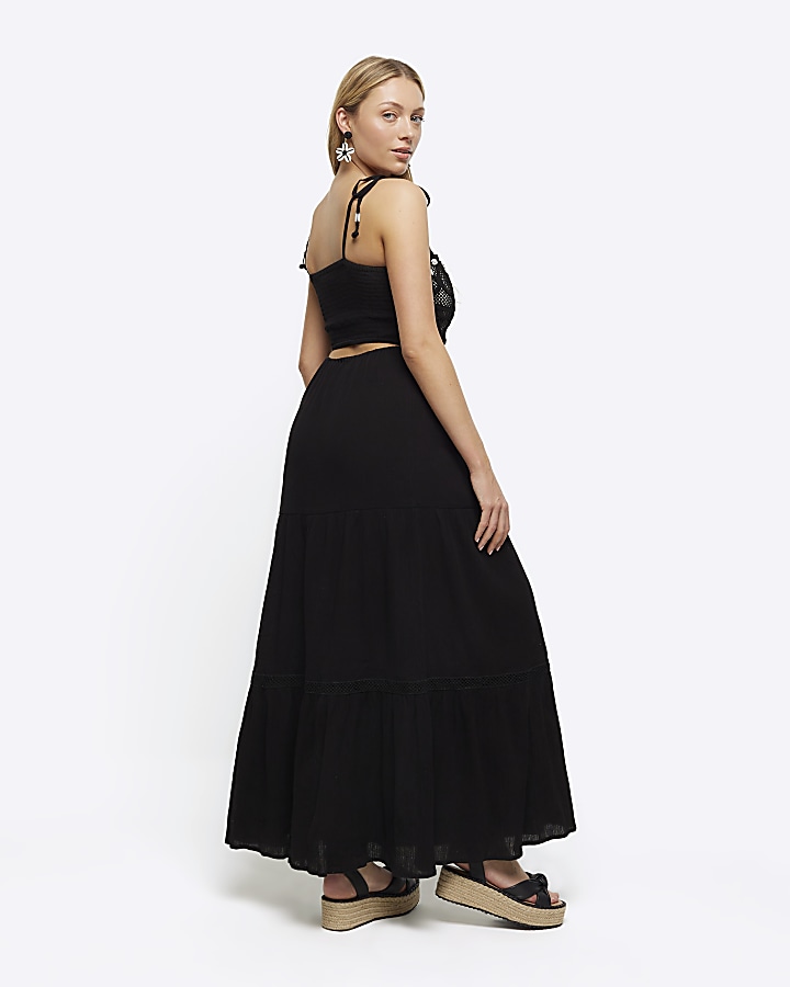 Black crochet tiered maxi dress