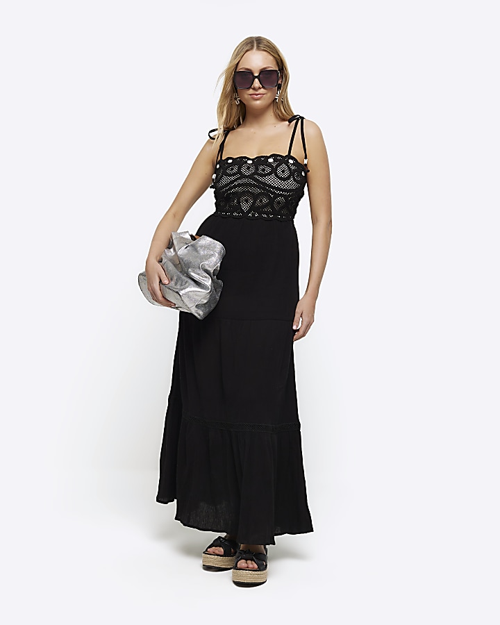 Black crochet tiered maxi dress