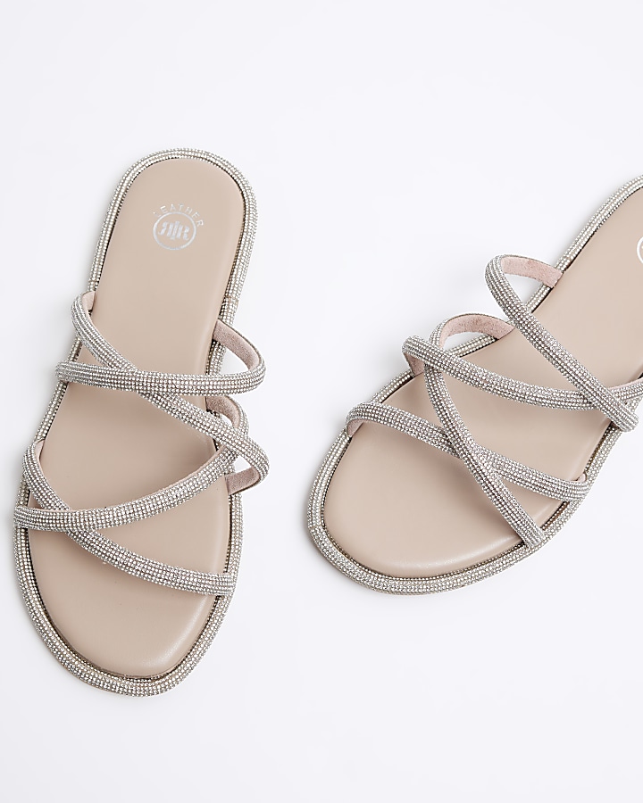 Pink wide fit leather diamante strap sandals
