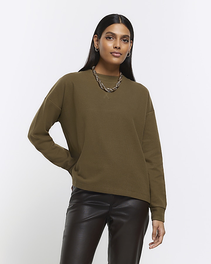 Khaki rib cosy sweatshirt | River Island