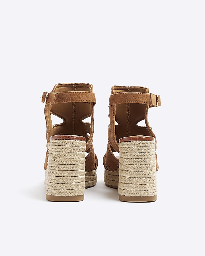 Brown wide fit suedette cut out wedge sandals