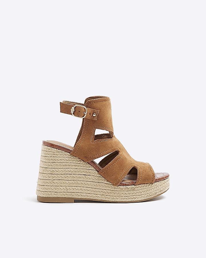 Brown wide fit suedette cut out wedge sandals