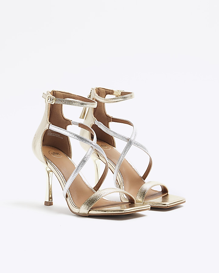 Gold wide fit strappy heeled sandals | River Island