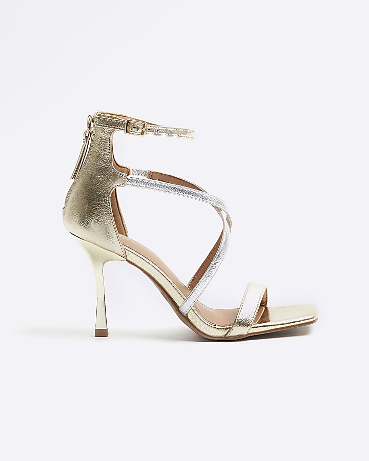 Gold wide fit strappy heeled sandals | River Island