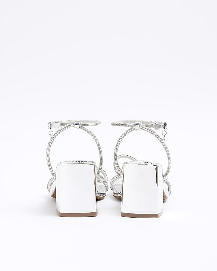 Silver wide fit embellished heeled sandals