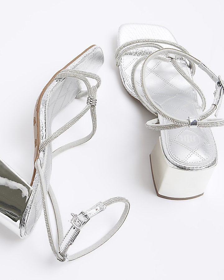 Silver wide fit embellished heeled sandals