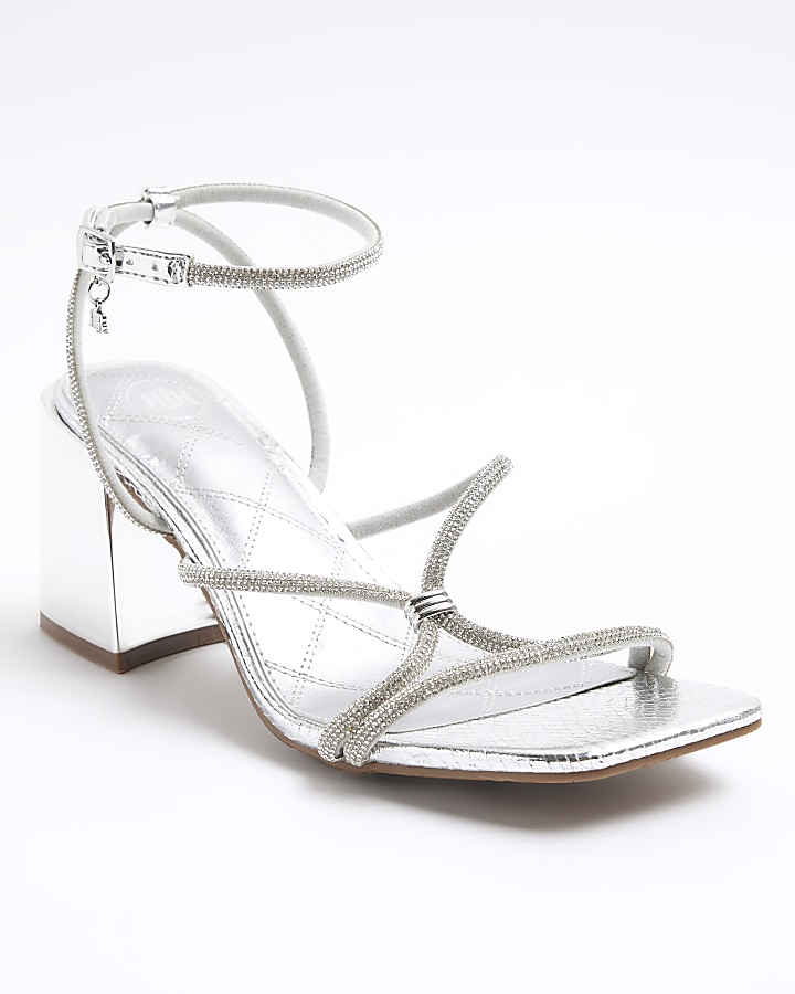 Silver wide fit embellished heeled sandals