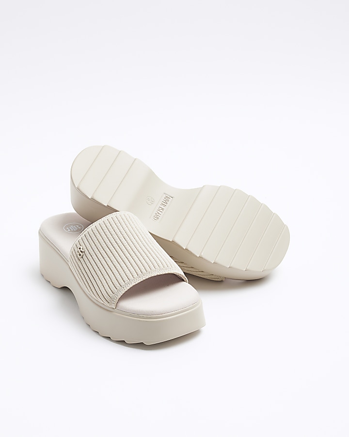 Beige wide fit knit flatform sandals