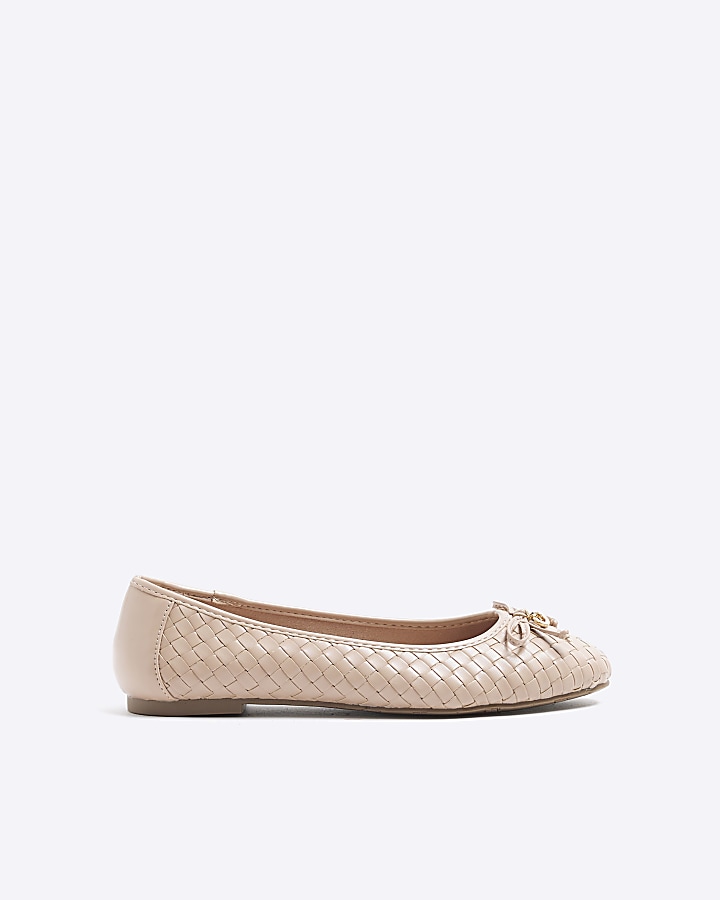 Beige weave bow ballet pumps