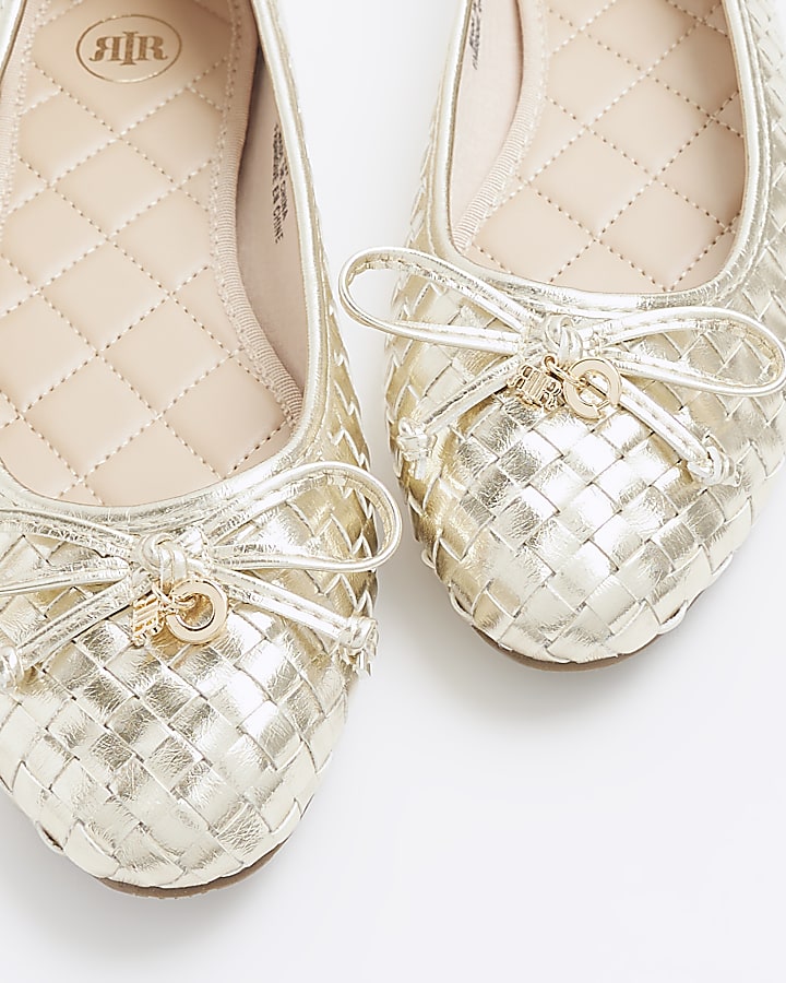 Gold weave bow ballet pumps River Island