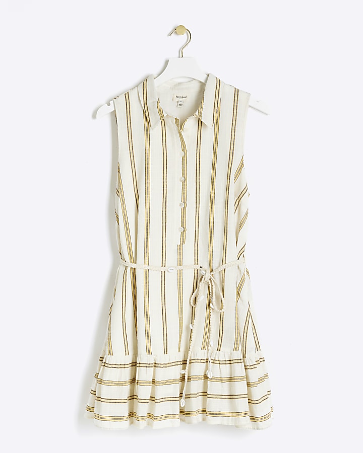 Yellow stripe belted mini shirt dress