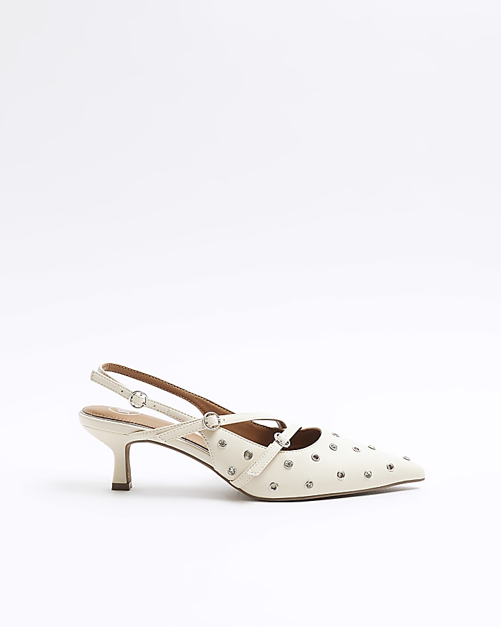 White eyelet strappy heeled court shoes
