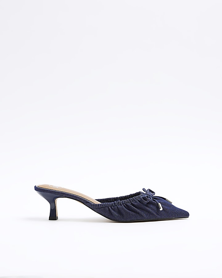 Blue denim ruched kitten heel court shoes