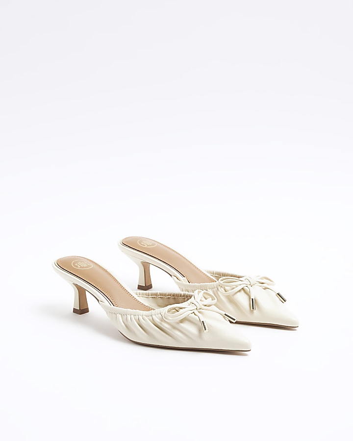 Cream ruched kitten heel court shoes | River Island