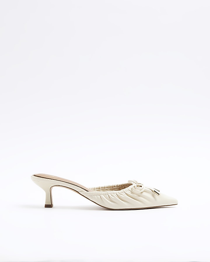 Cream ruched kitten heel court shoes River Island
