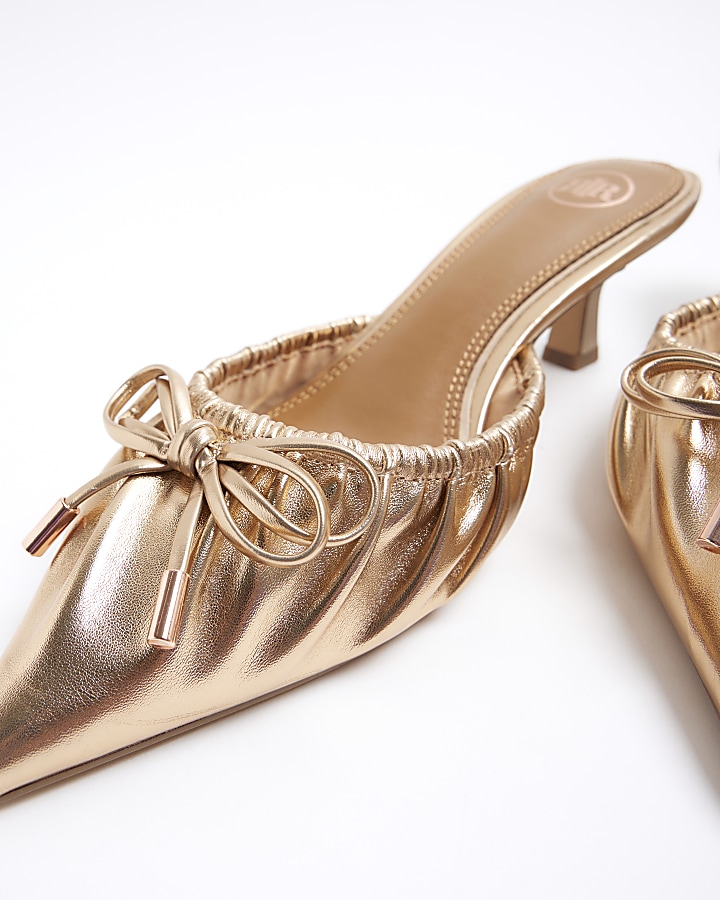 Rose gold ruched kitten heel court shoes