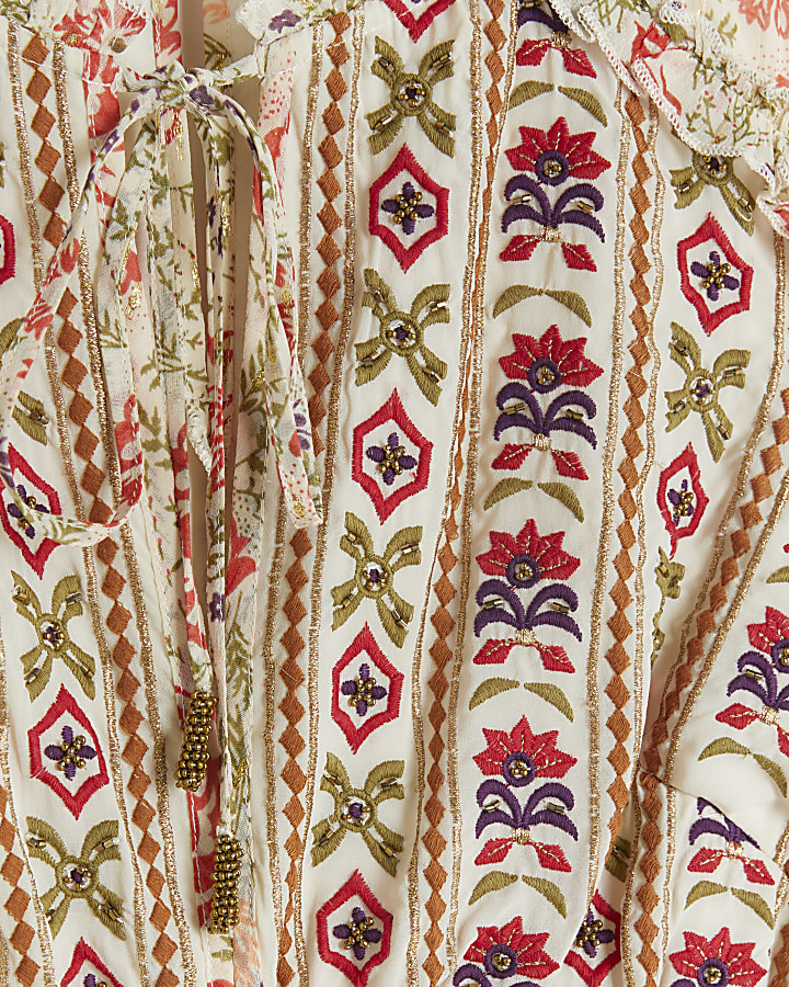 Cream floral embroidered smock midi dress