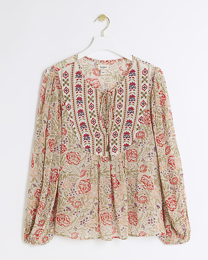 Cream floral embroidered smock top