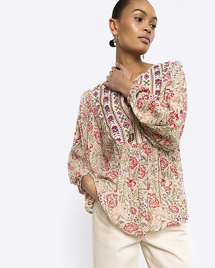 Cream floral embroidered smock top