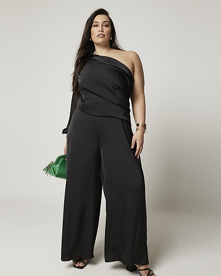 Plus black one shoulder wide leg jumpsuit | River Island