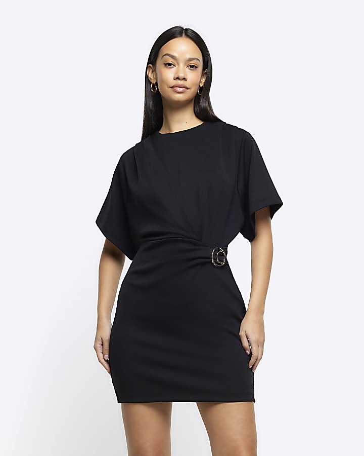 Black wrap buckle t-shirt mini dress