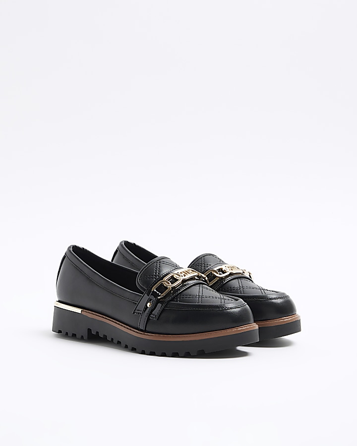 Black quilted chain loafers