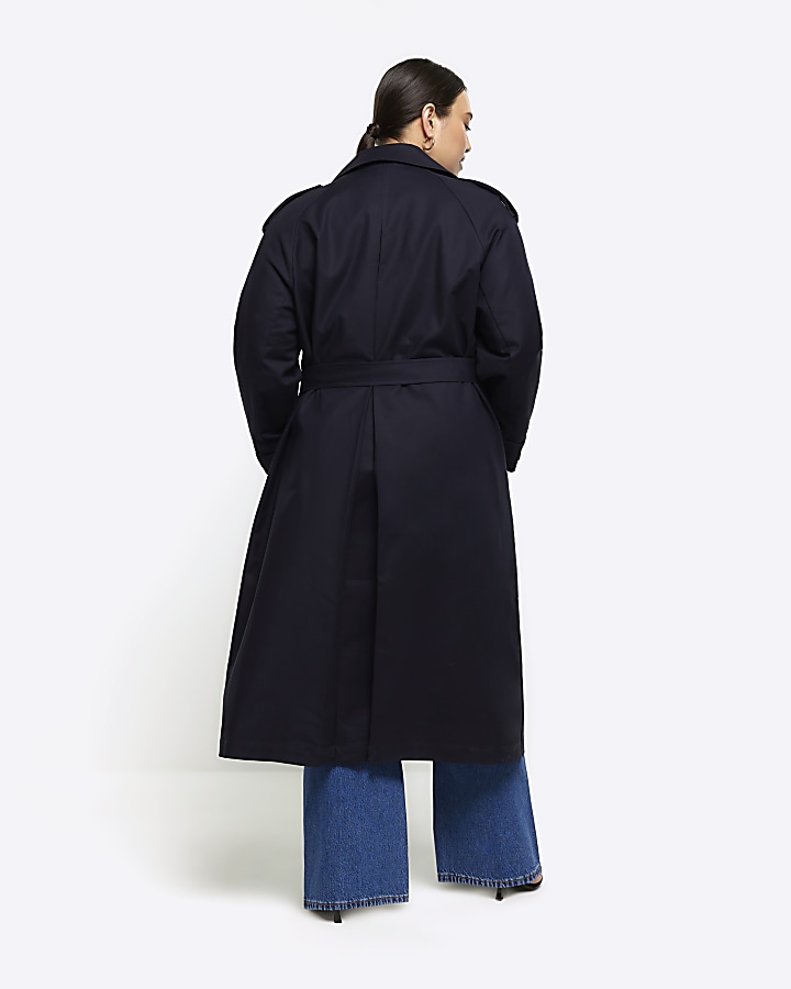 Plus navy double collar belted trench coat