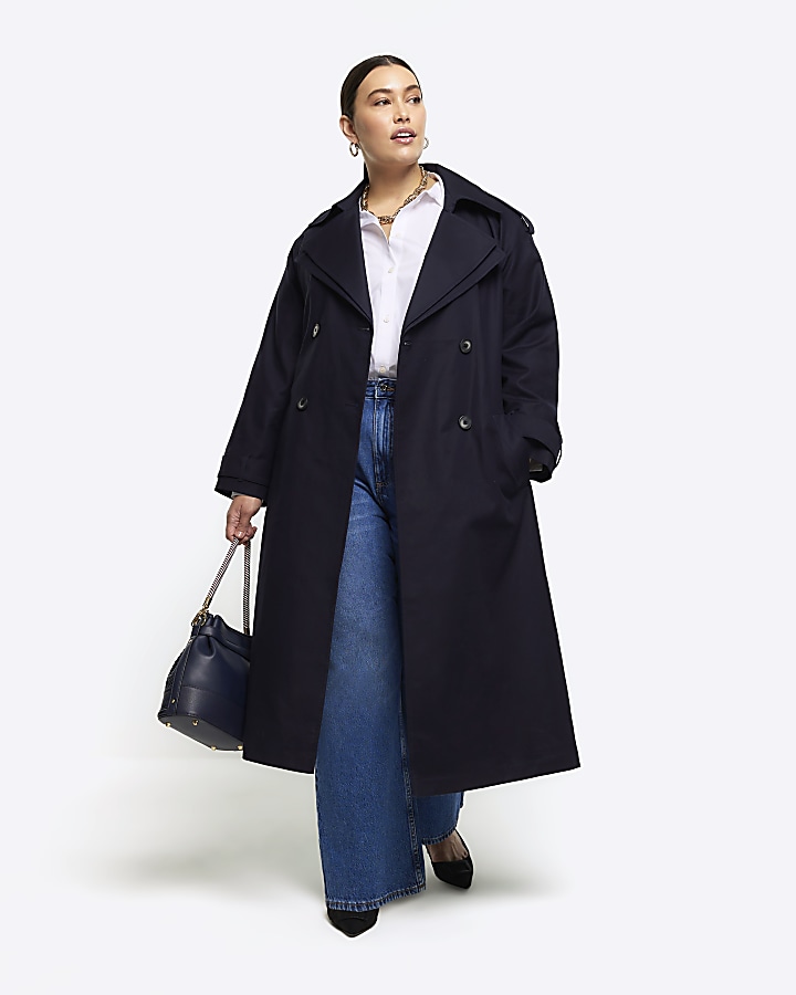 Plus navy double collar belted trench coat