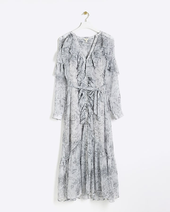 Grey floral frill belted swing maxi dress
