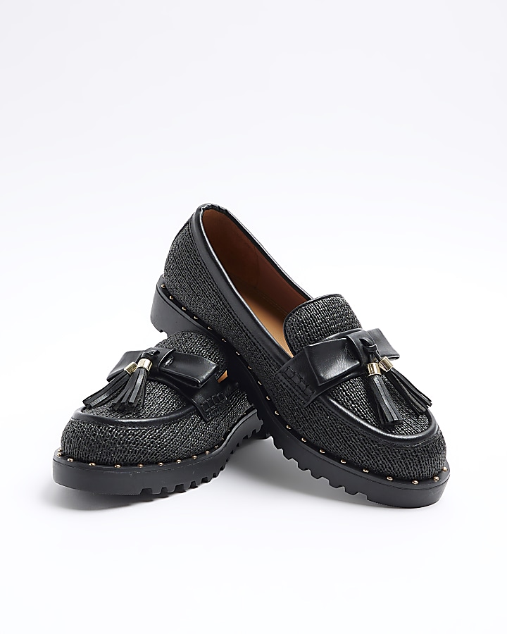 Black raffia bow loafers