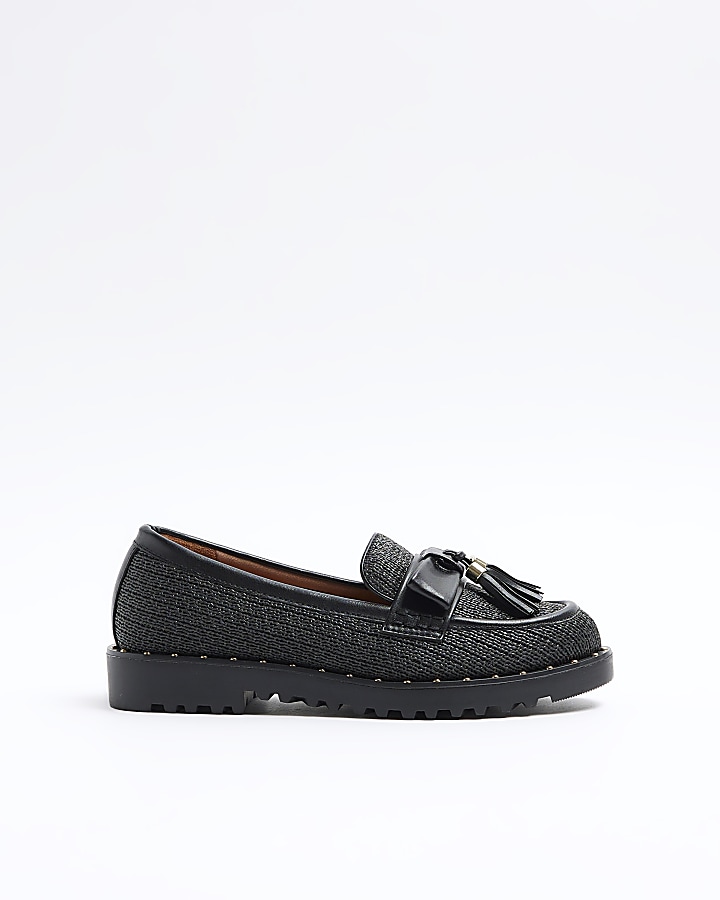 Black raffia bow loafers